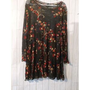Comfy USA sheer black crinkle mesh multicolor floral tunic artsy Bohemian Sz M